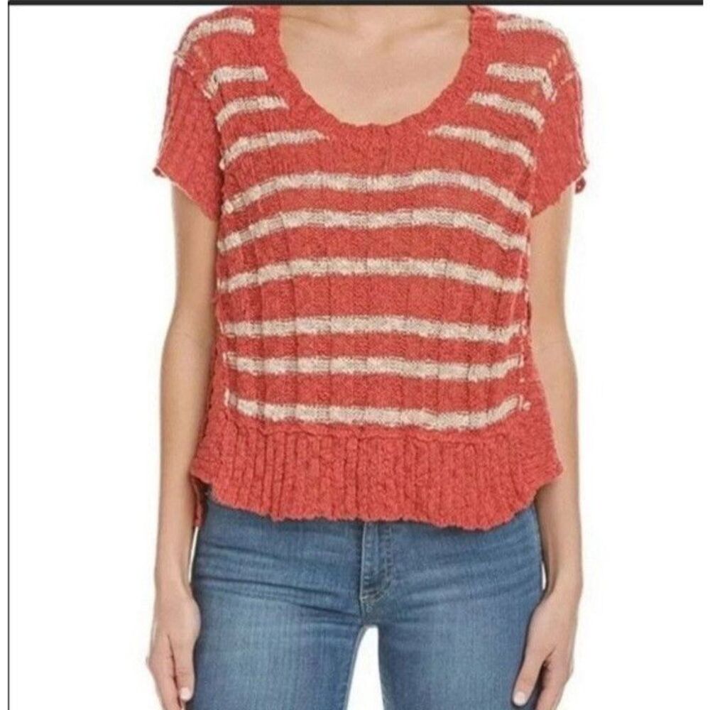 Free People XS-S Knit Striped Cropped Sweater Short Sleeve Red Beige💖